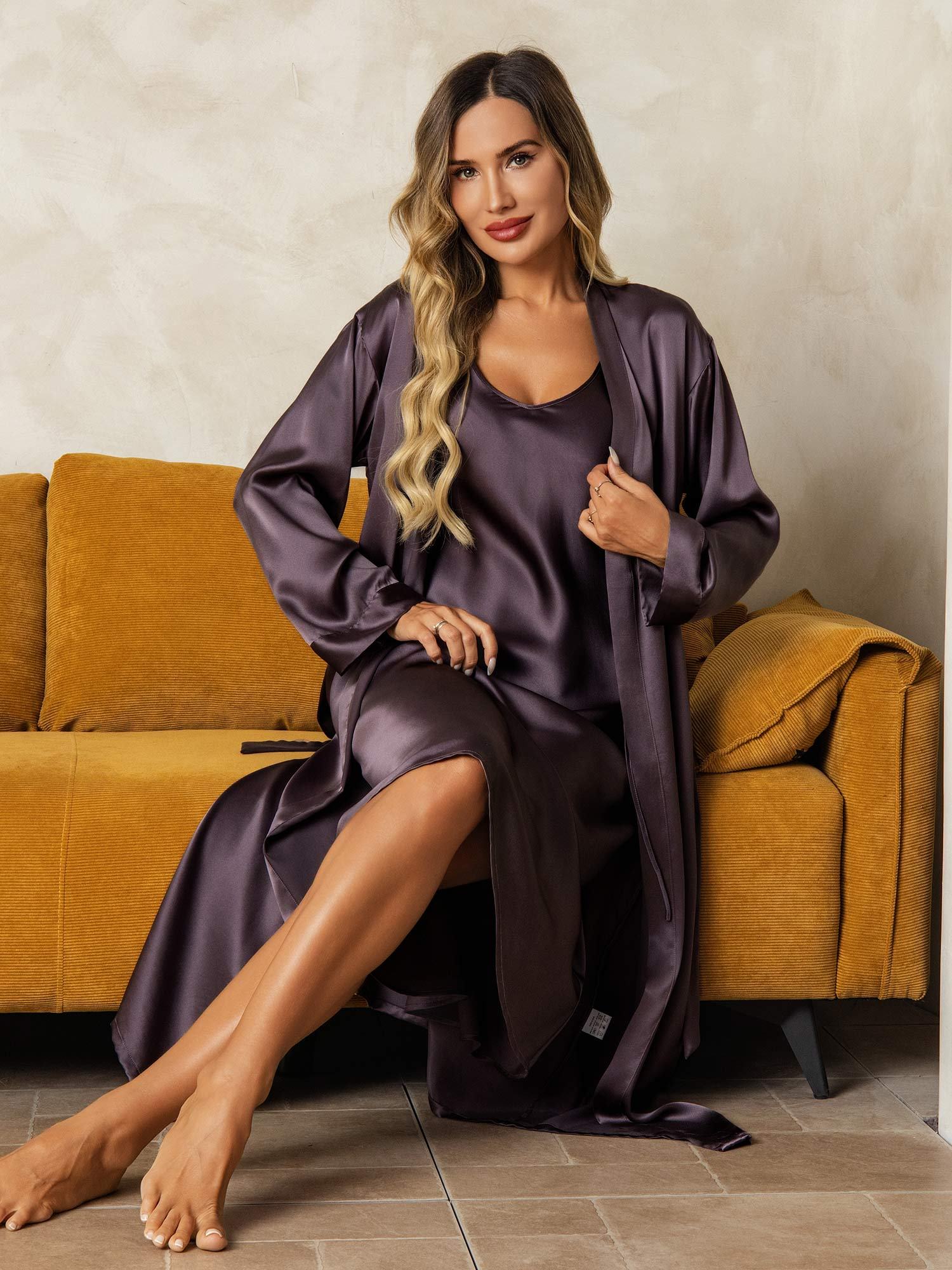 [PurpleGray] SilkSilky-AU Pure Silk V Neck Nightgown&Dressing Gown Set 007