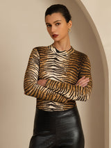 [Tiger] SilkSilky-AU 100% Silk Jersey Long Sleeve Mock Neck Women's T-Shirt 004