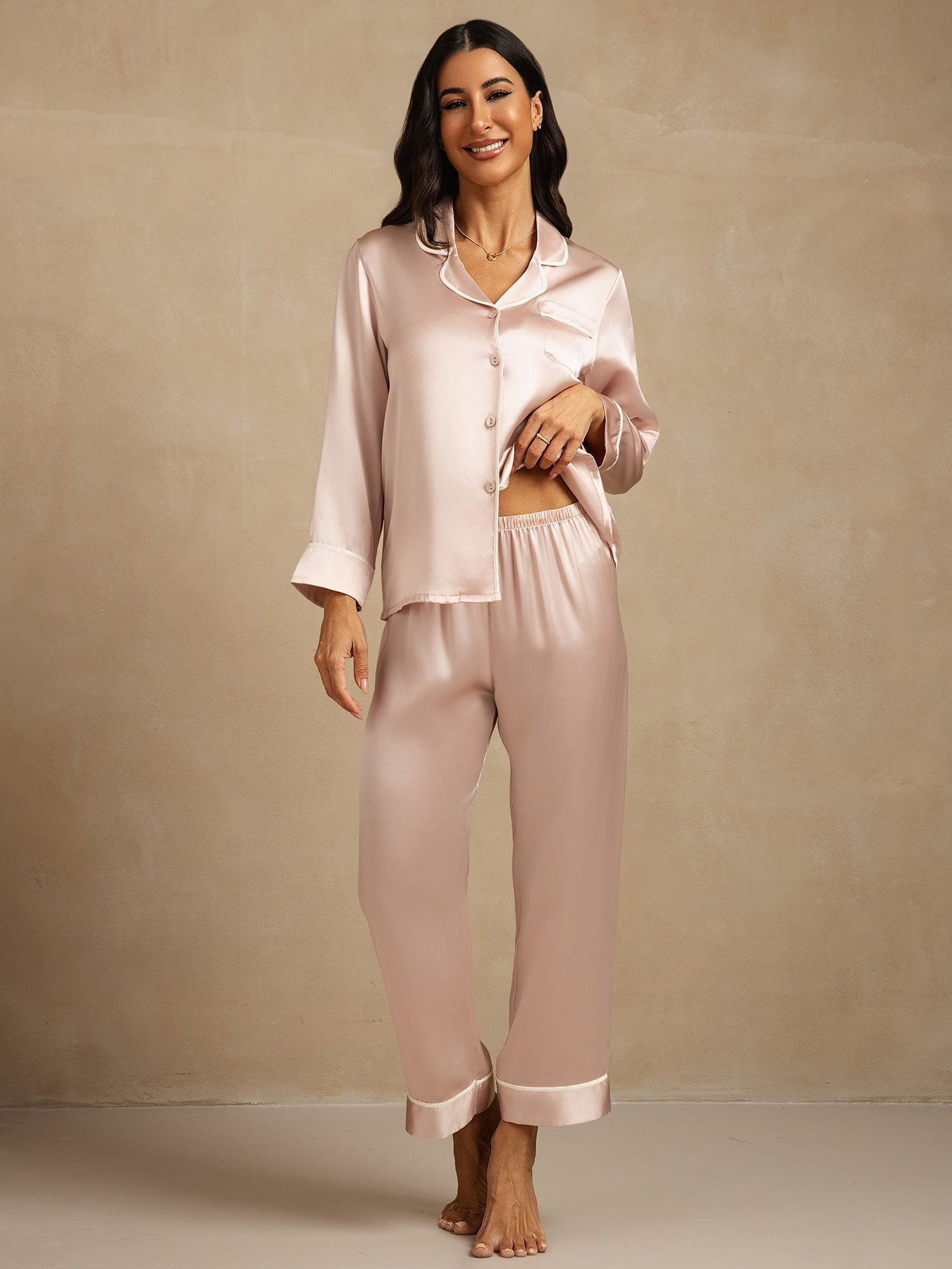 [Pink] SilkSilky-AU Pure Silk Lapel Collar Women's Pyjamas 001