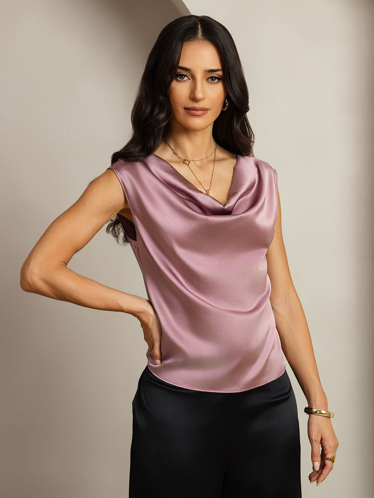 [Pale Mauve] SilkSilky-AU 19Momme Silk Cowl Neck Women's T-Shirt 001