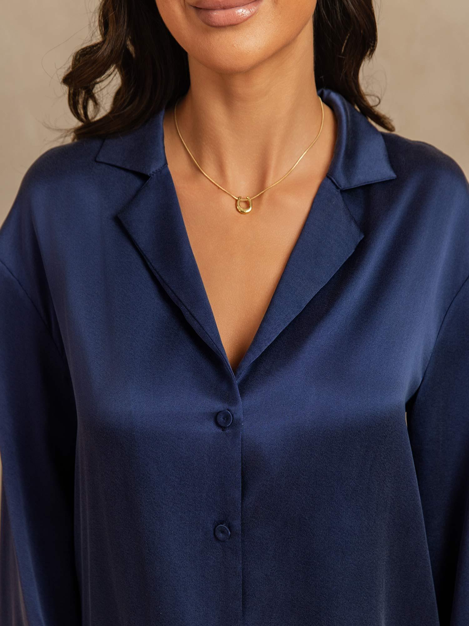 [Dark Blue] SilkSilky-AU 19Momme Machine-Washable Silk Long Sleeve Notch Collar Women's Pyjamas 004