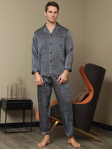 [Navy Ginkgo] SilkSilky-AU 19Momme Long Sleeve Notch Collar Men's Pyjamas 015