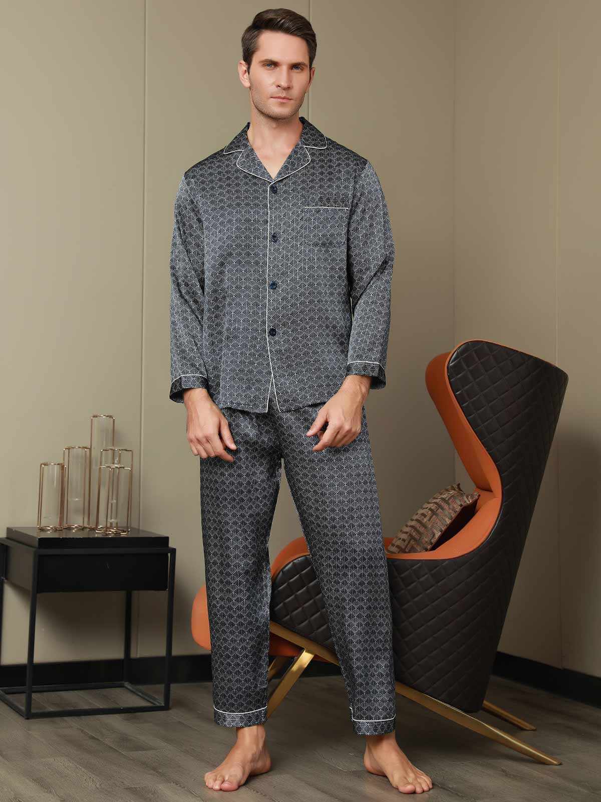 [Navy Ginkgo] SilkSilky-AU 19Momme Pure Silk Mens Pajamas 007