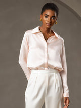 [Pink] SilkSilky-AU 19Momme Stretch Silk Charmeuse Long Sleeve Lapel Collar Women's Shirt 001