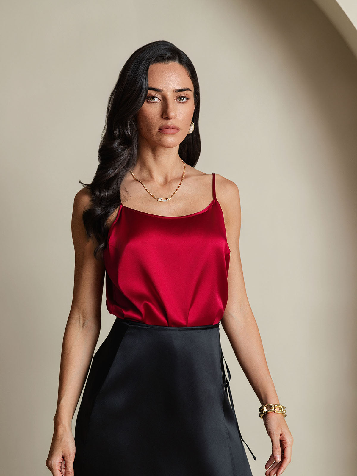 [Wine] SilkSilky-AU 19Momme Silk Spaghetti Strap Round Neck Camisole 004