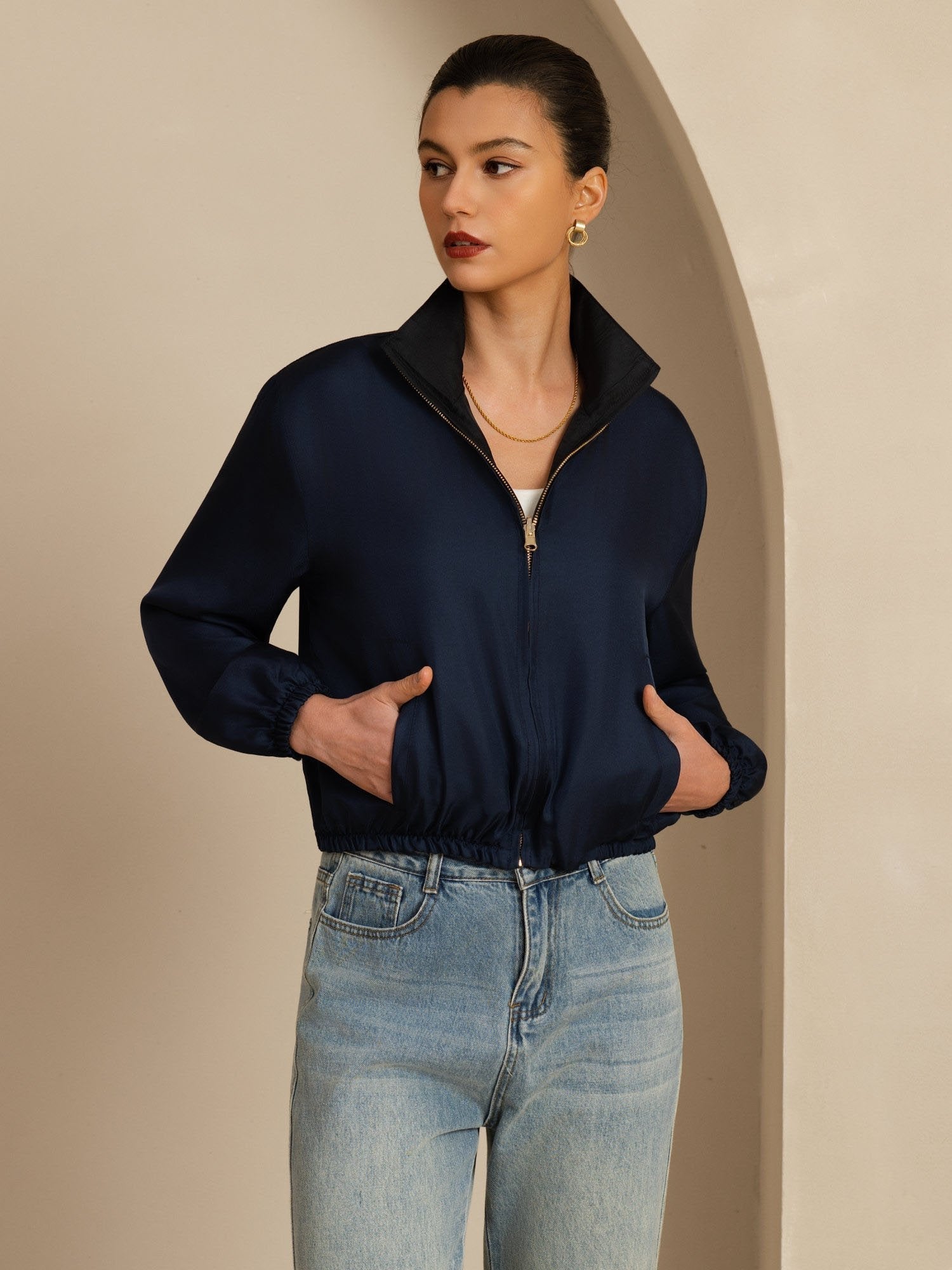 [Black+DarkBlue] SilkSilky-AU 18Momme Silk Satin Surah Long Sleeve Stand Collar Women's Outerwear 001