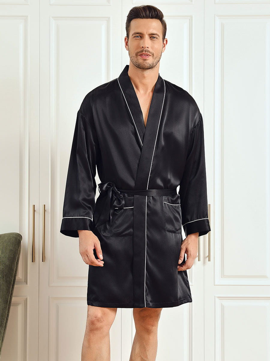 SilkSilky AU Pure Silk 3/4 Sleeve Mens Robe Black 001