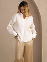 [White] SilkSilky-AU Long Sleeve Split Women's Blouse 001