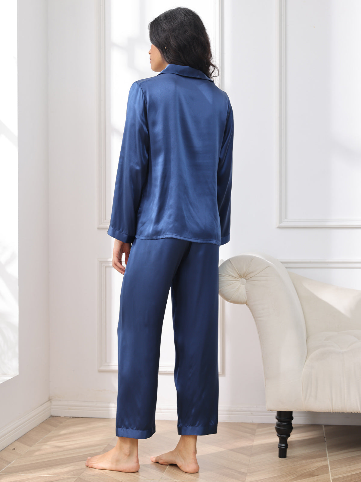 SilkSilky-AU Pure Silk Long Sleeve Lapel Women's Pyjamas DarkBlue 002