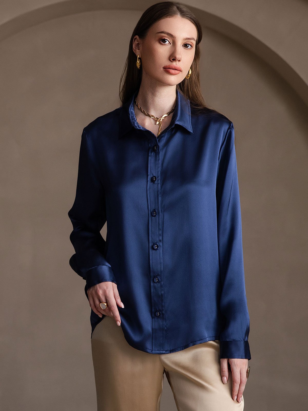 [Dark Blue] SilkSilky-AU 19Momme Stretch Silk Charmeuse Long Sleeve Lapel Collar Women's Shirt 004