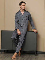 [Navy Ginkgo] SilkSilky-AU 19Momme Long Sleeve Notch Collar Men's Pyjamas 001