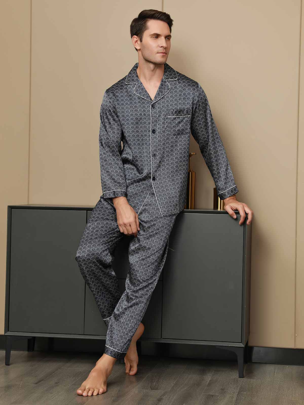 [Navy Ginkgo] SilkSilky-AU Long Sleeve Lapel Collar Men's Pyjamas 001