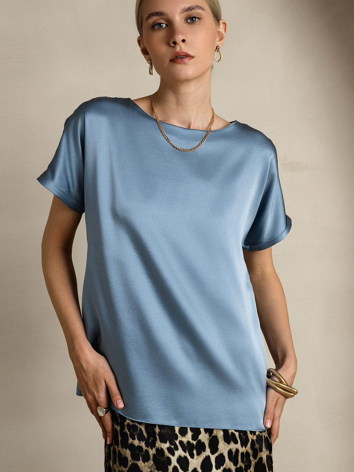 [Grayish Blue] SilkSilky-AU 19Momme Silk Short Sleeve Round Neck Women's T-Shirt 005