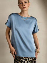 [Grayish Blue] SilkSilky-AU 19Momme Stretch Silk Charmeuse Short Sleeve Boat Neck Women's T-Shirt 005