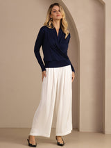 [Dark Blue] SilkSilky-AU Long Sleeve Wrap Women's Blouse 007