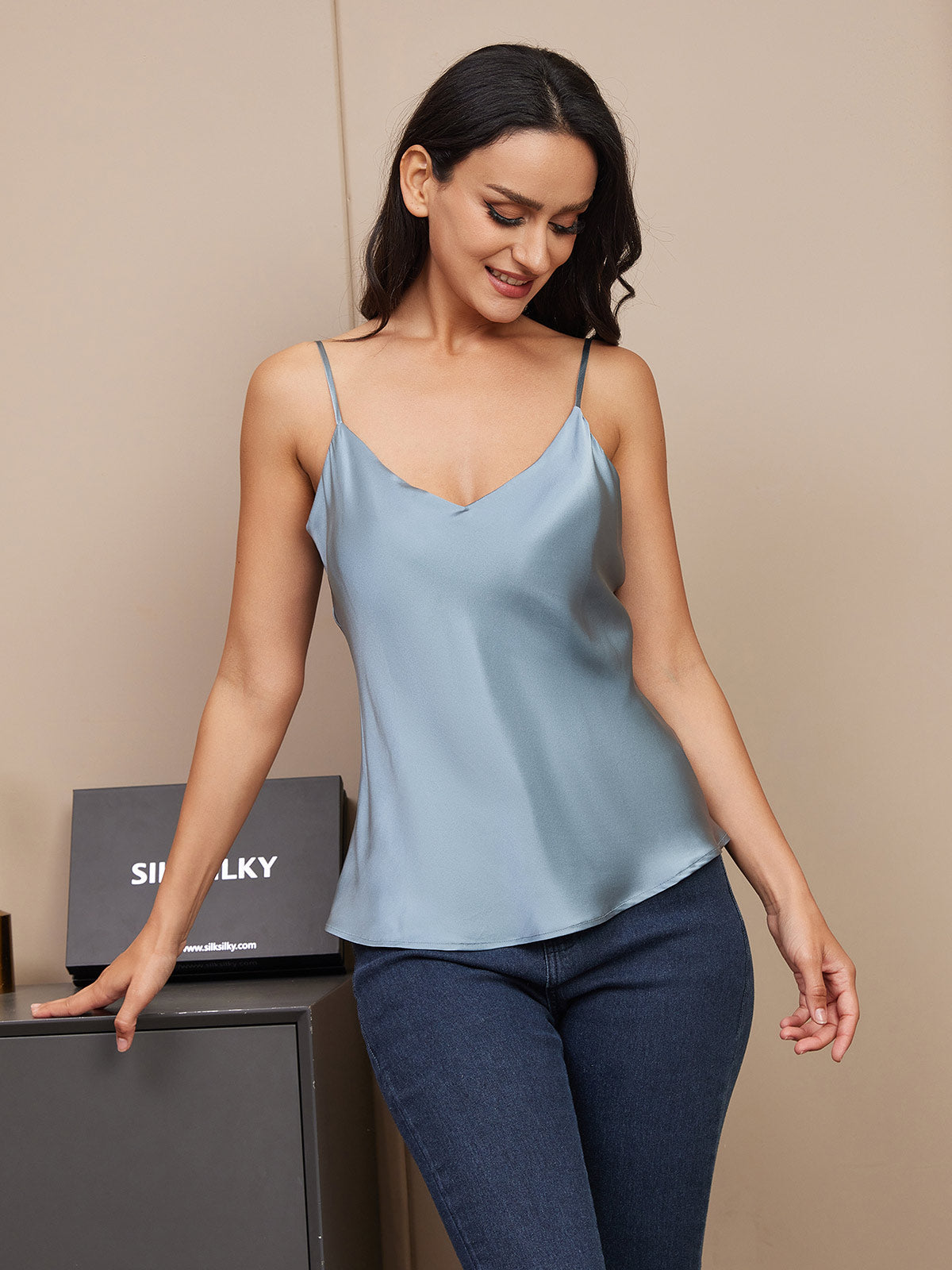 [Grayish Blue] SilkSilky-AU Pure Silk Sleeveless V Neck Camisole 003