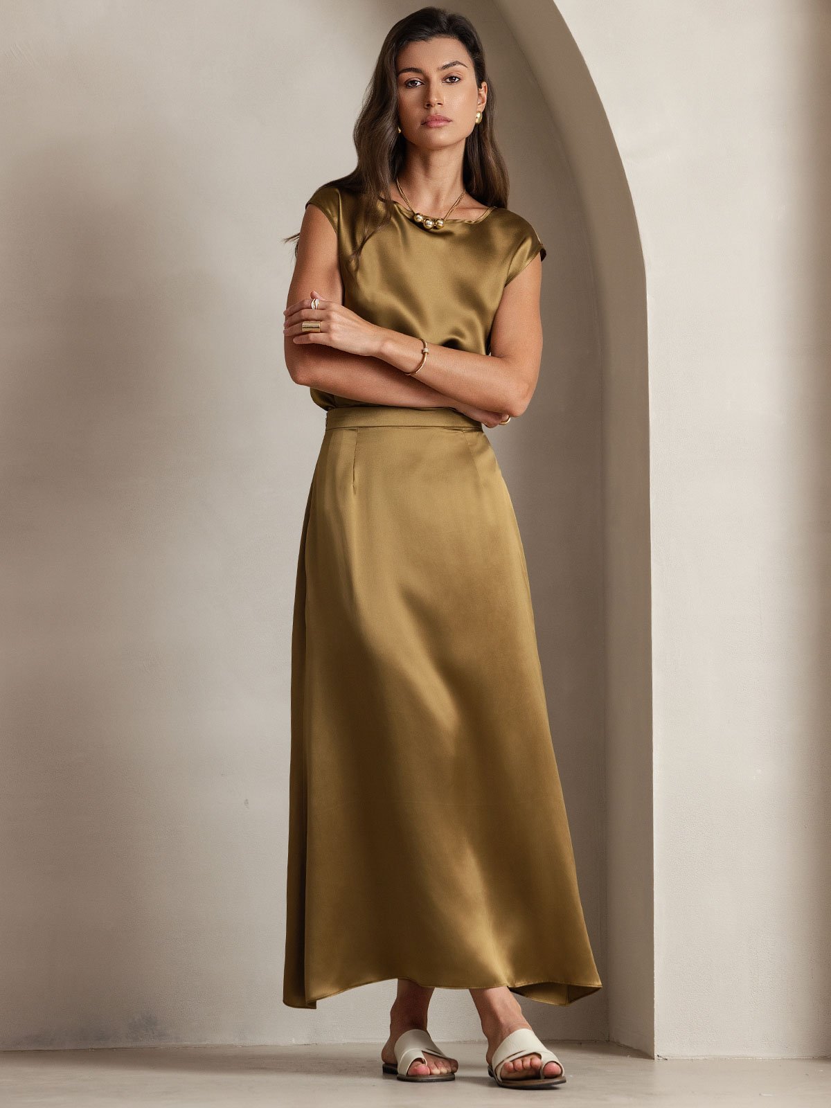 [Brown] SilkSilky-AU 19Momme Stretch Silk Charmeuse Cap Sleeve Round Neck Women's T-Shirt 007