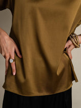[Brown] SilkSilky-AU 19Momme Stretch Silk Charmeuse Short Sleeve Boat Neck Women's T-Shirt 008