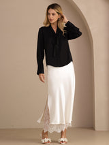 [Black] SilkSilky-AU Long Sleeve Tie Neck Women's Blouse 007