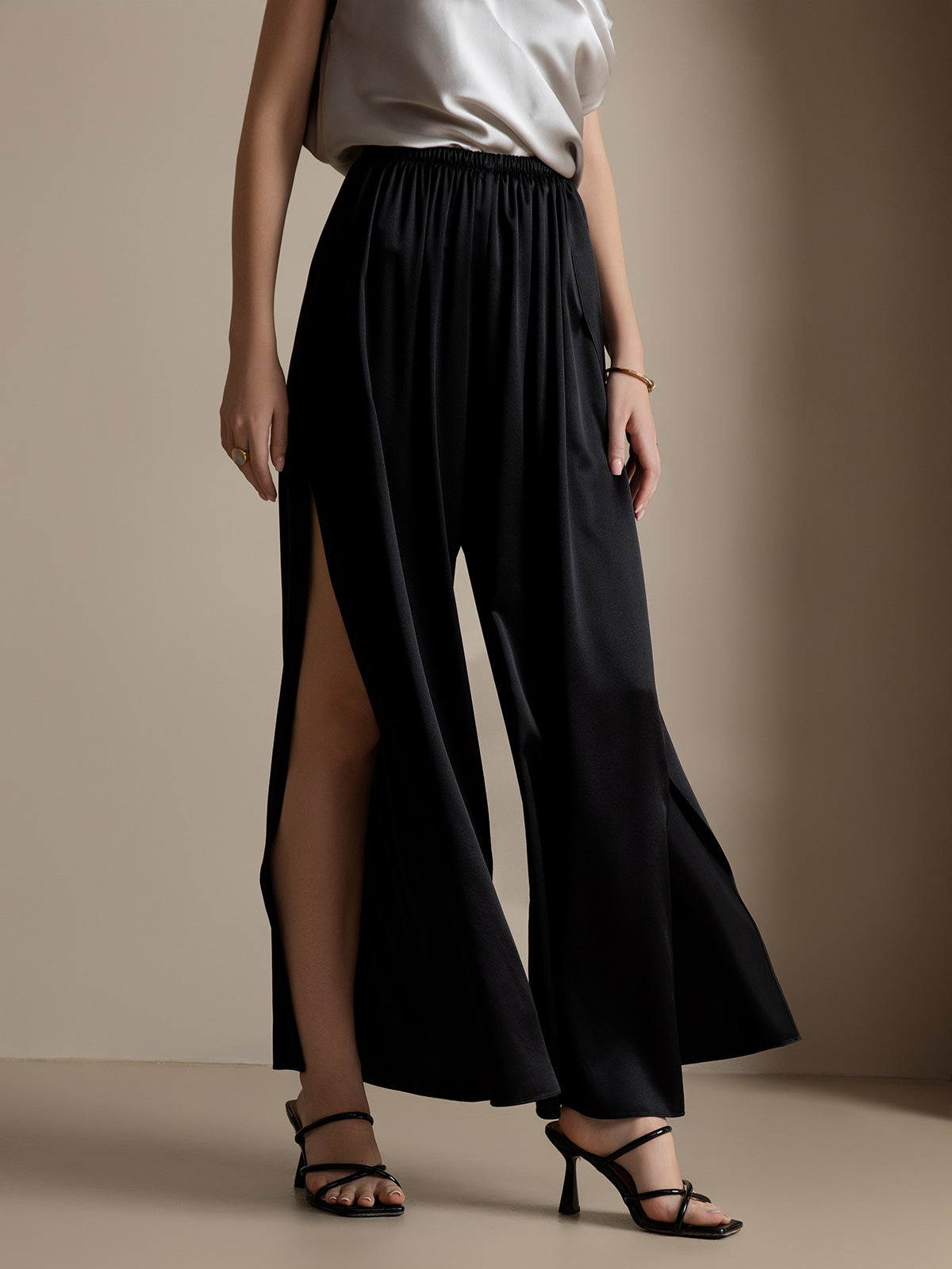 [Black] SilkSilky-AU 19Momme Silk Split Women's Pants 001