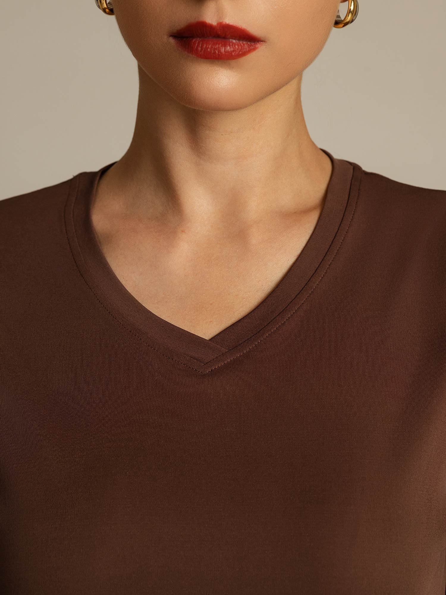 [Coffee] SilkSilky-AU Pure Silk V Neck Women's T-Shirt 004