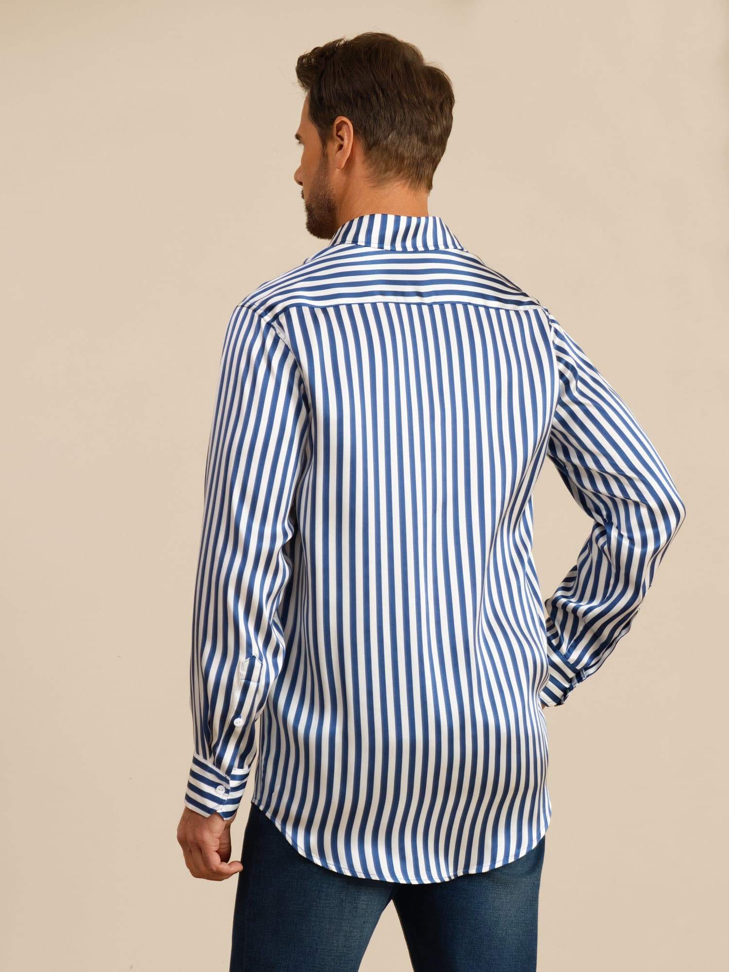 [Navy Stripe] SilkSilky-AU 19Momme Stretch Silk Charmeuse Long Sleeve Lapel Collar Men's Shirt 002