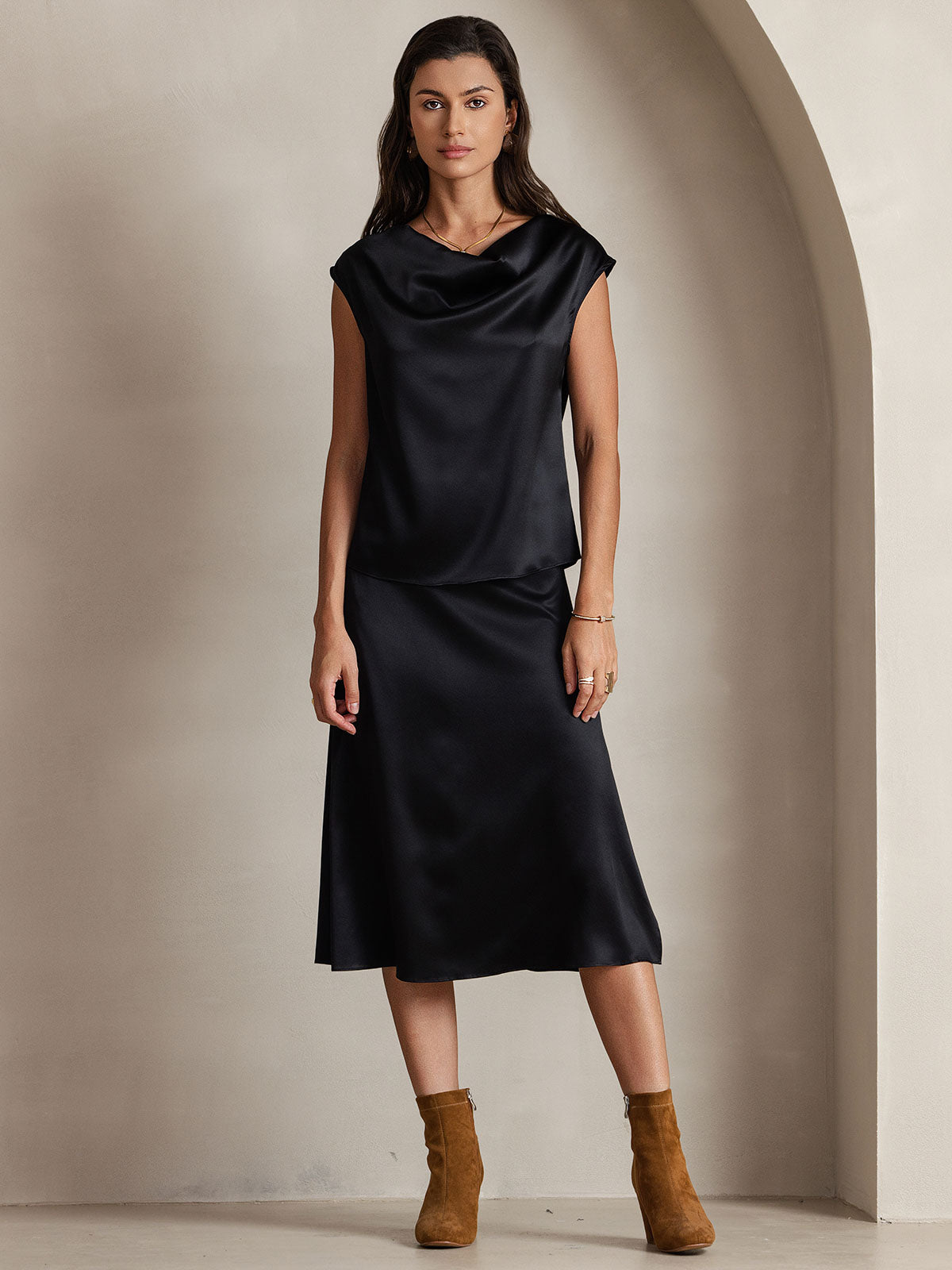 [Black] SilkSilky-AU 19Momme Silk Sleeveless Cowl Neck Women's T-Shirt 001