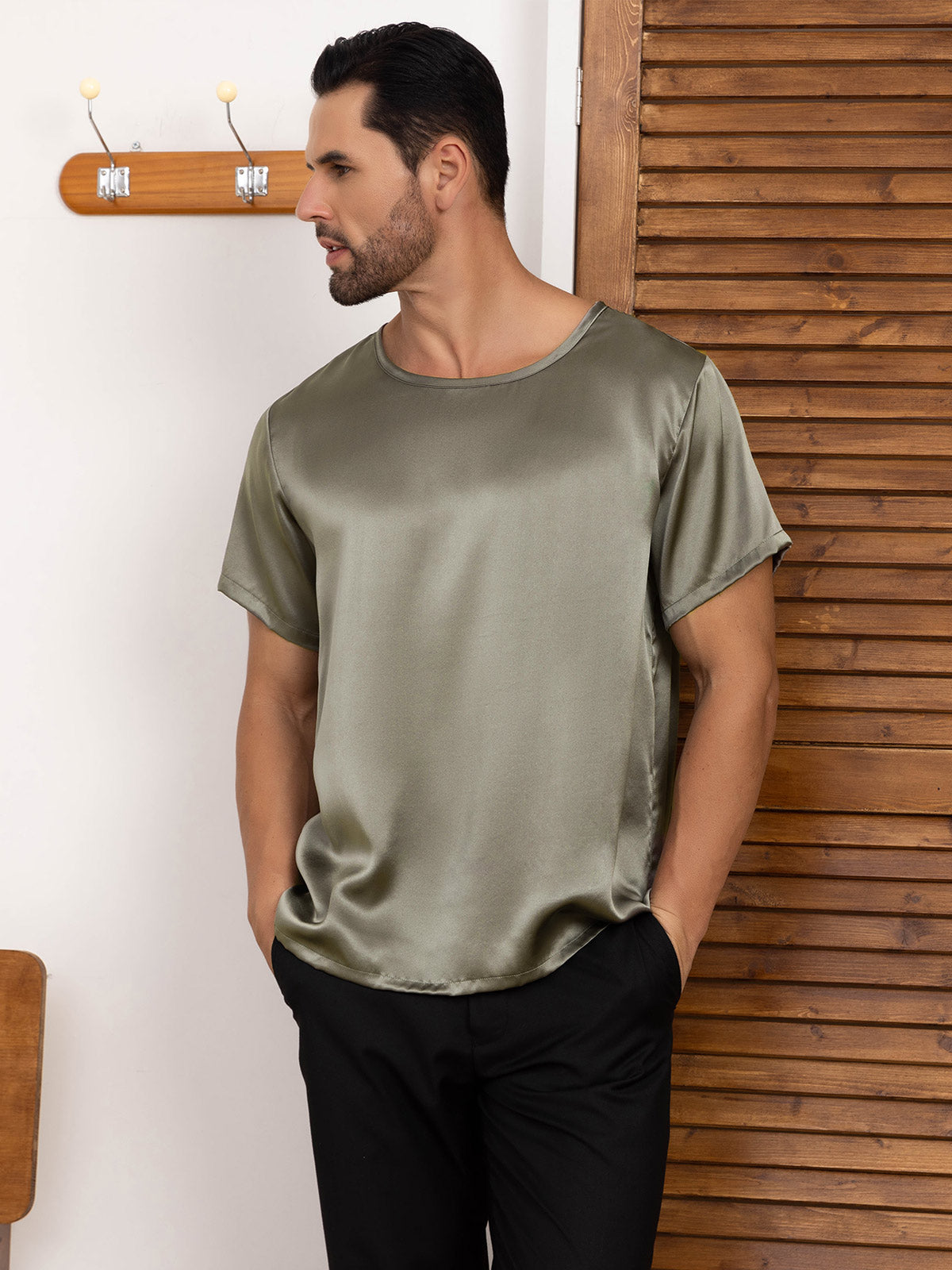 SilkSilky AU Pure Silk Short Sleeve Round Neck Men's T Shirt GrayishGreen 005