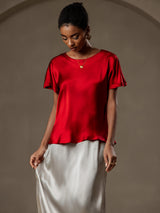 [Wine] SilkSilky-AU 19Momme Stretch Silk Charmeuse Short Sleeve Boat Neck Women's T-Shirt 004
