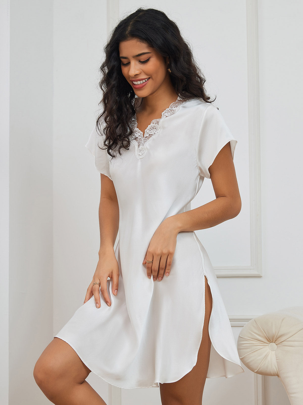 [White] SilkSilky-AU Pure Silk Short Sleeve Sweetheart Neck Nightgown 001