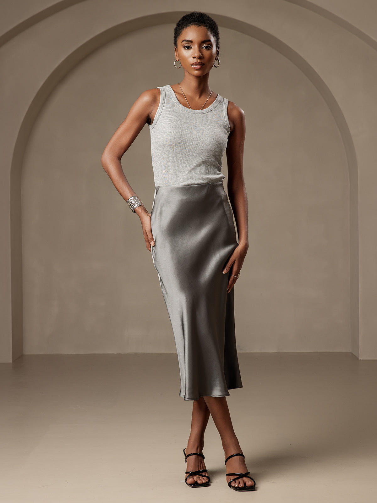 [Dark Gray] SilkSilky-AU 19Momme Pure Silk Skirt 003,