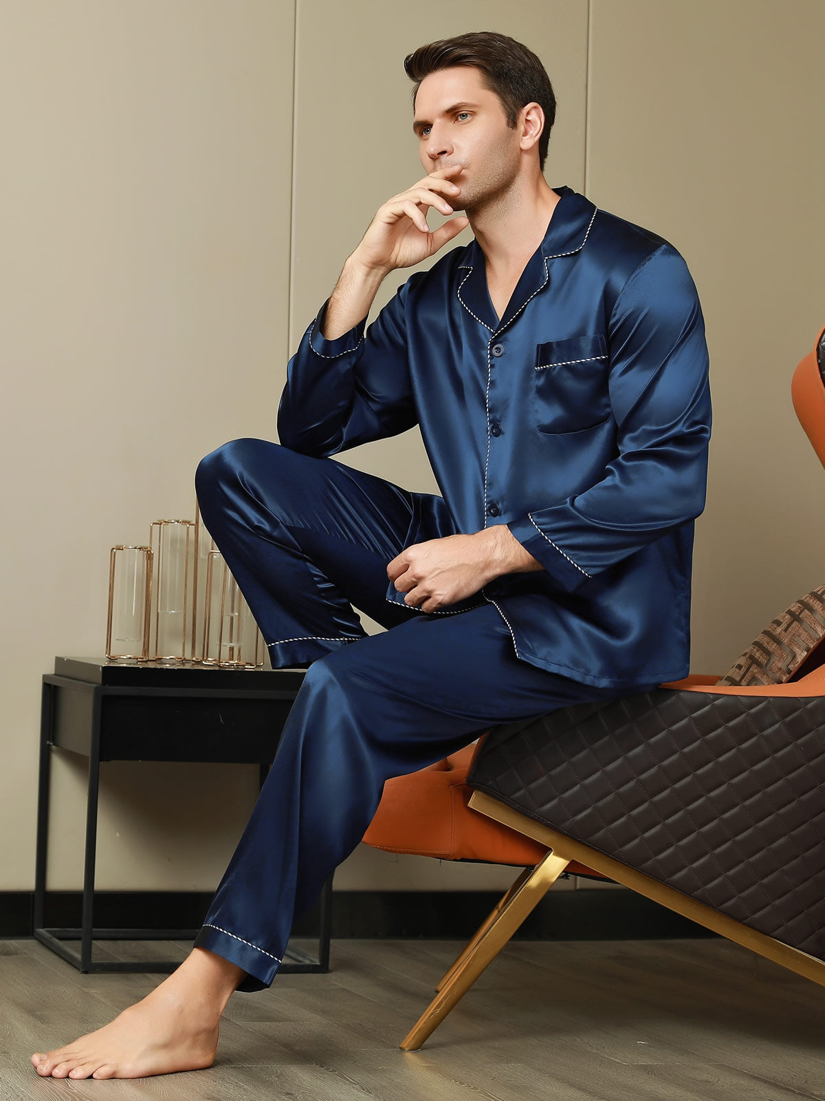 SilkSilky AU Pure Silk Long Sleeve Lapel Men's Pyjamas DarkBlue 001