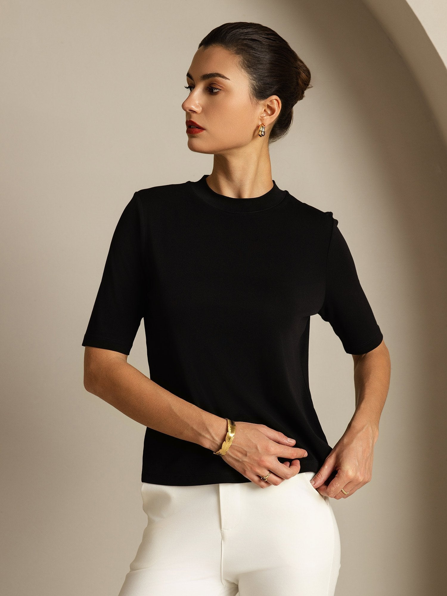 [Black] SilkSilky-AU Pure Silk Round Neck Women's T-Shirt 005