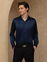 [Dark Blue] SilkSilky-AU 19Momme Stretch Silk Charmeuse Long Sleeve Lapel Collar Men's Shirt 001