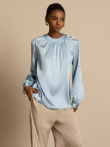 [Grayish Blue] SilkSilky-AU 19Momme Stretch Silk Charmeuse Long Sleeve Round Neck Blouse 003