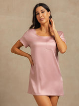 [Peach Skin] SilkSilky-AU 19Momme Machine-Washable Silk Short Sleeve Round Neck Nightgown 007