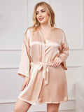 SilkSilky AU Pure Silk Long Sleeve Deep V Neck Plus Size Dressing Gown Champagne 003