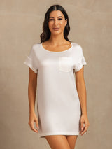 [White] SilkSilky-AU 19Momme Machine-Washable Silk Short Sleeve Round Neck Nightgown 003