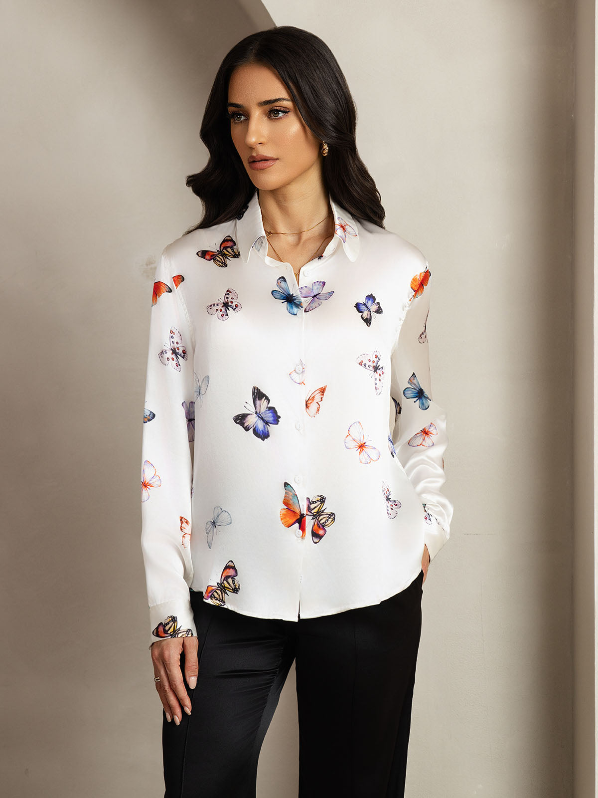 [White Butterfly] SilkSilky-AU Silk Lapel Collar Women's Shirt 005