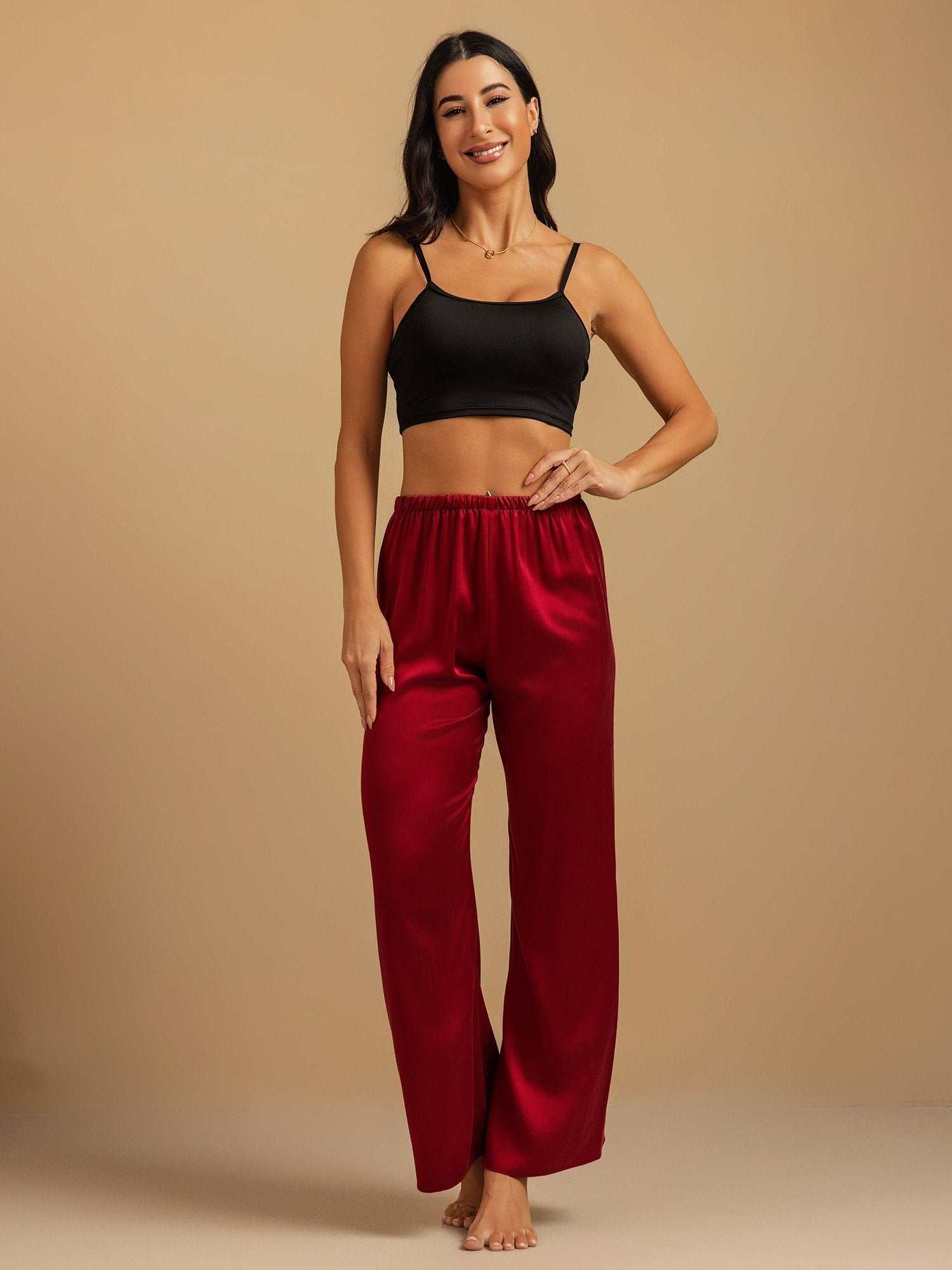 [Wine] SilkSilky-AU 19Momme Machine-Washable Silk Womens Sleep Bottoms 009