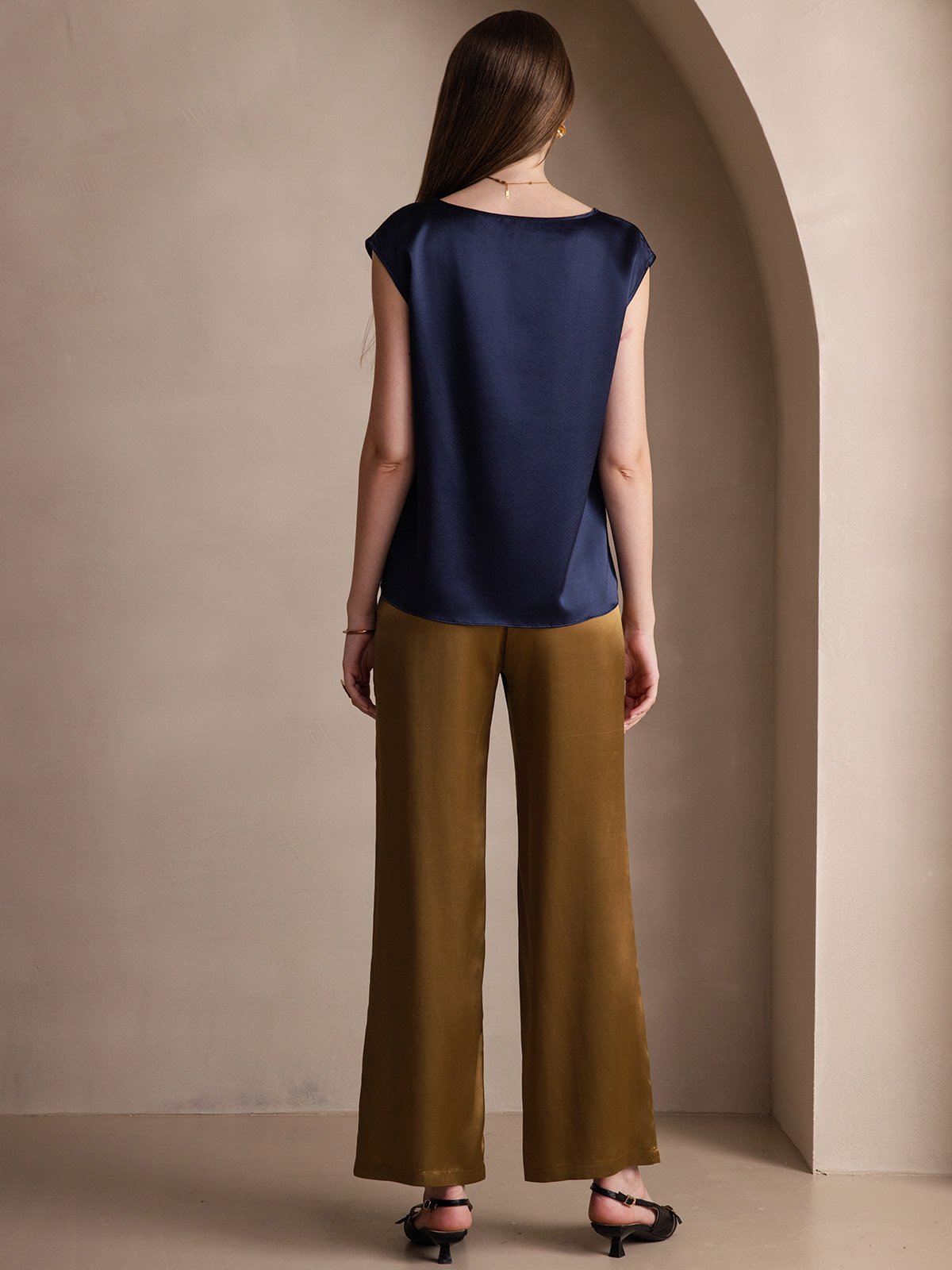 [Dark Blue] SilkSilky-AU 19Momme Stretch Silk Charmeuse Cap Sleeve Round Neck Women's T-Shirt 002