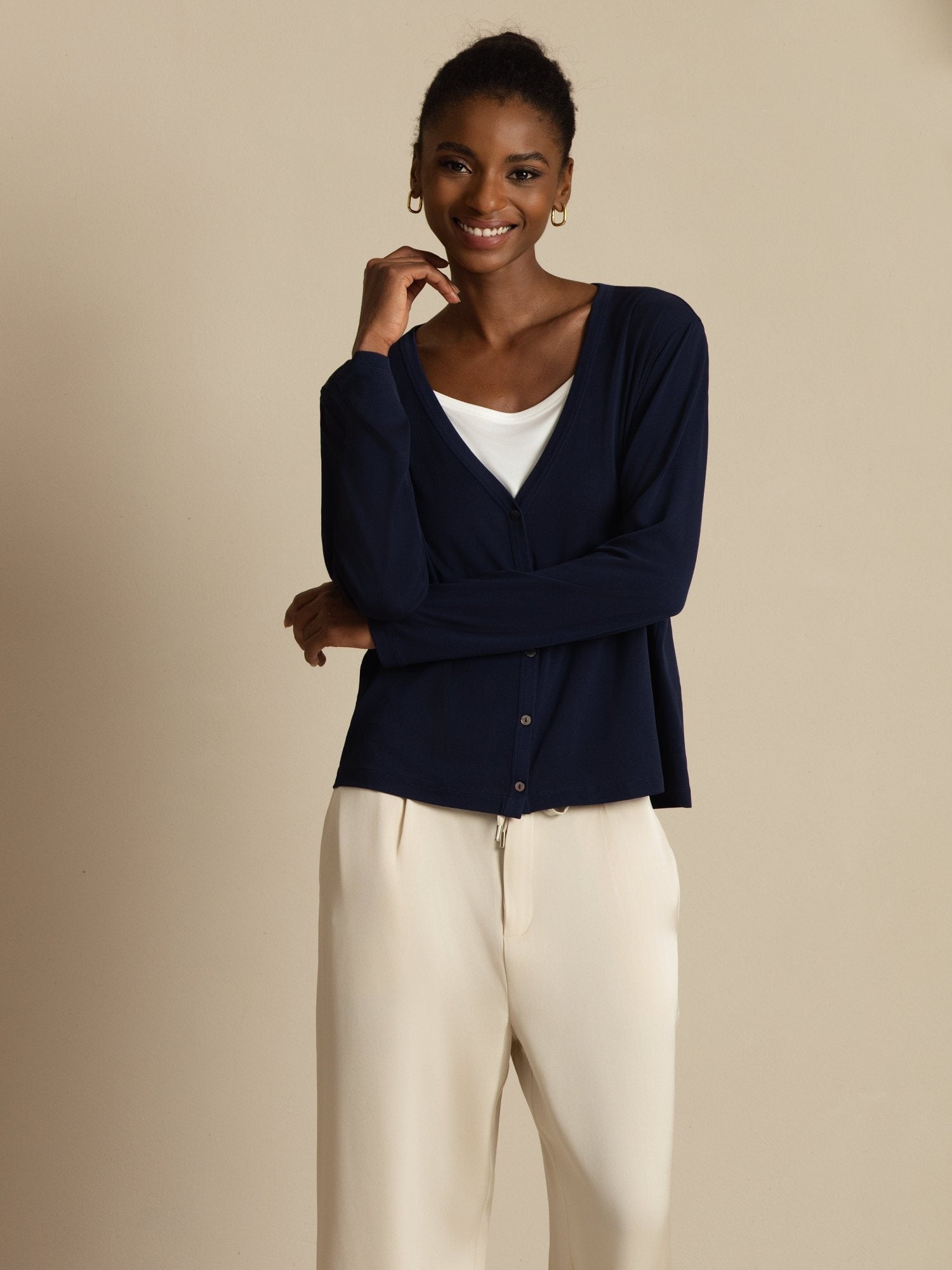 [DarkBlue] SilkSilky-AU 19Momme 100% High-Twist Silk Jersey Long Sleeve V Neck Women's Cardigan 004