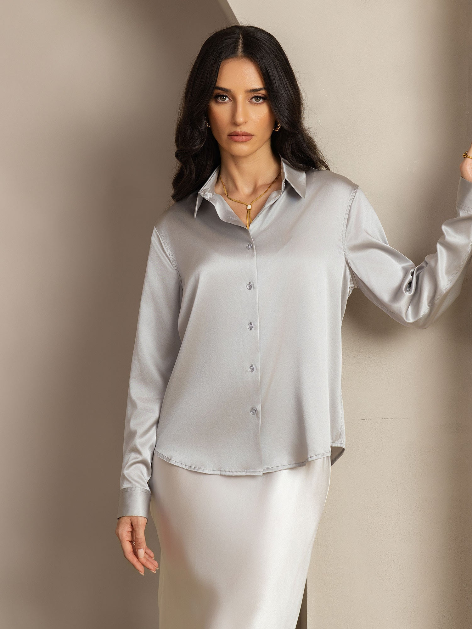 [Light Gray] SilkSilky-AU Silk Long Sleeve Lapel Collar Women's Shirt 008