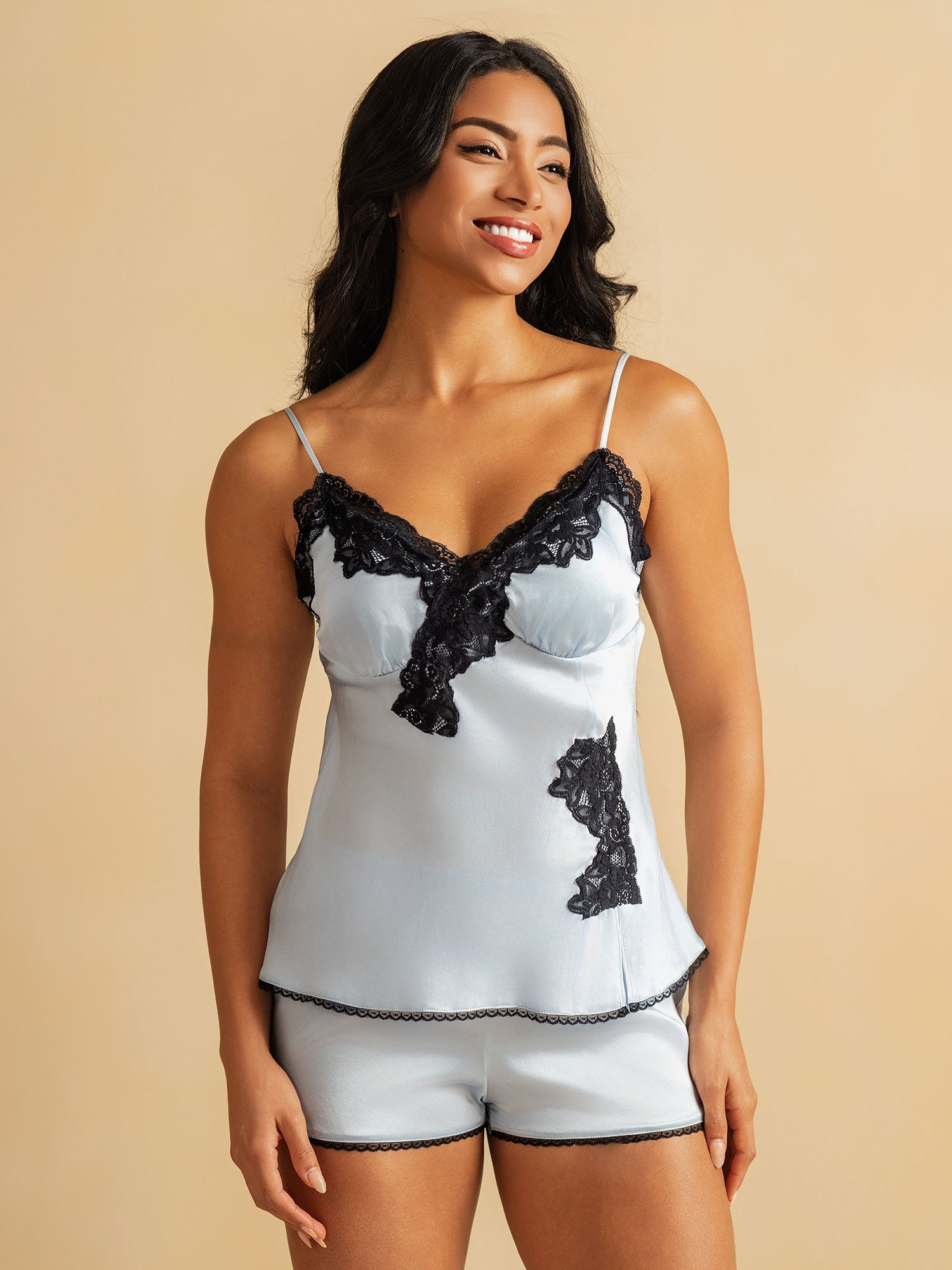 [SkyBlue] SilkSilky-AU Pure Silk Split Camisole Set 003