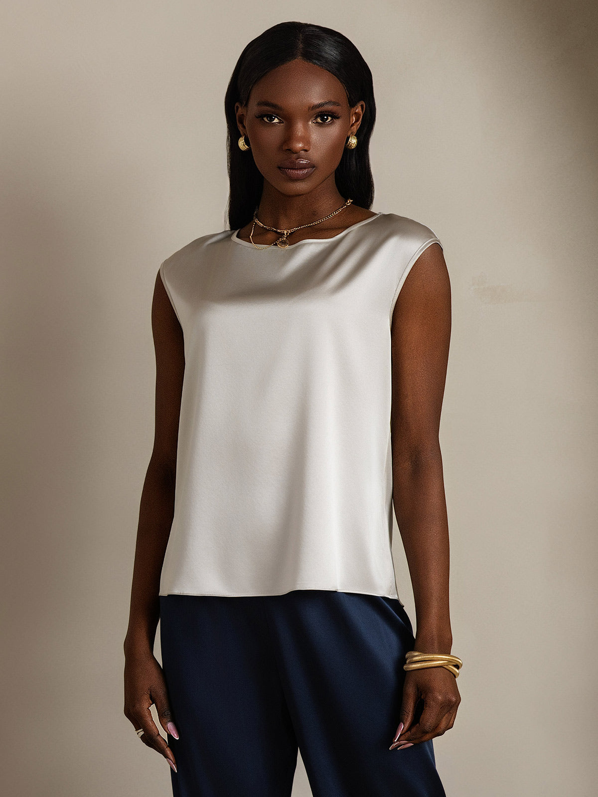 [Light Gray] SilkSilky-AU 19Momme Stretch Silk Charmeuse Cap Sleeve Round Neck Women's T-Shirt 001