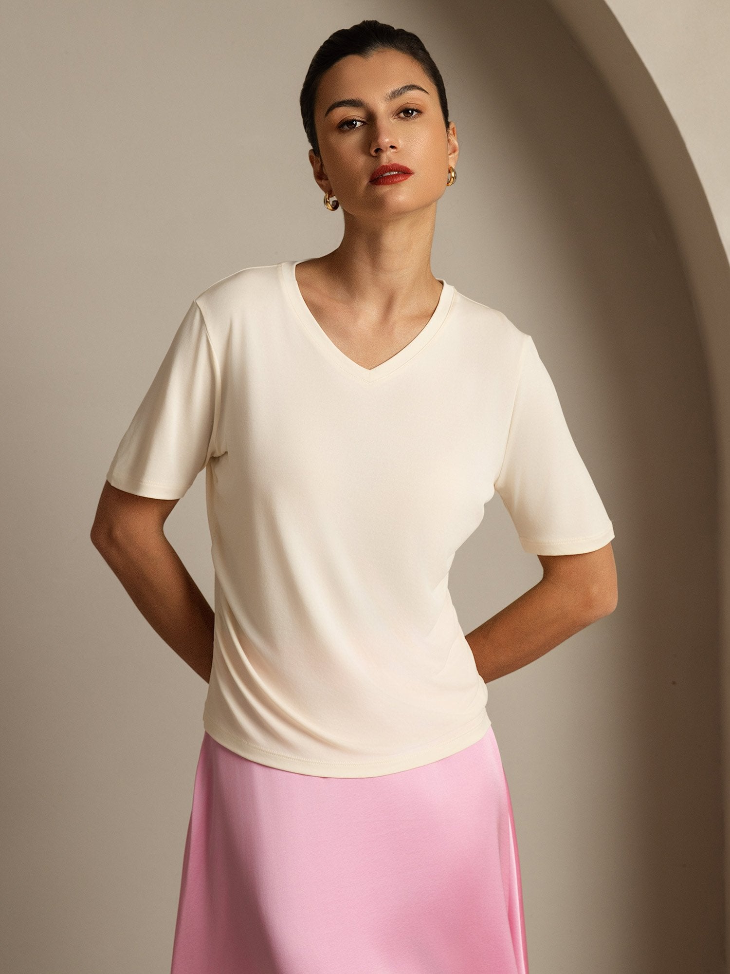 [Beige] SilkSilky-AU Pure Silk V Neck Women's T-Shirt 001