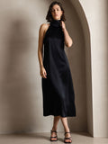 SilkSilky AU 19Momme Silk Sleeveless High Neck Dress Black 001