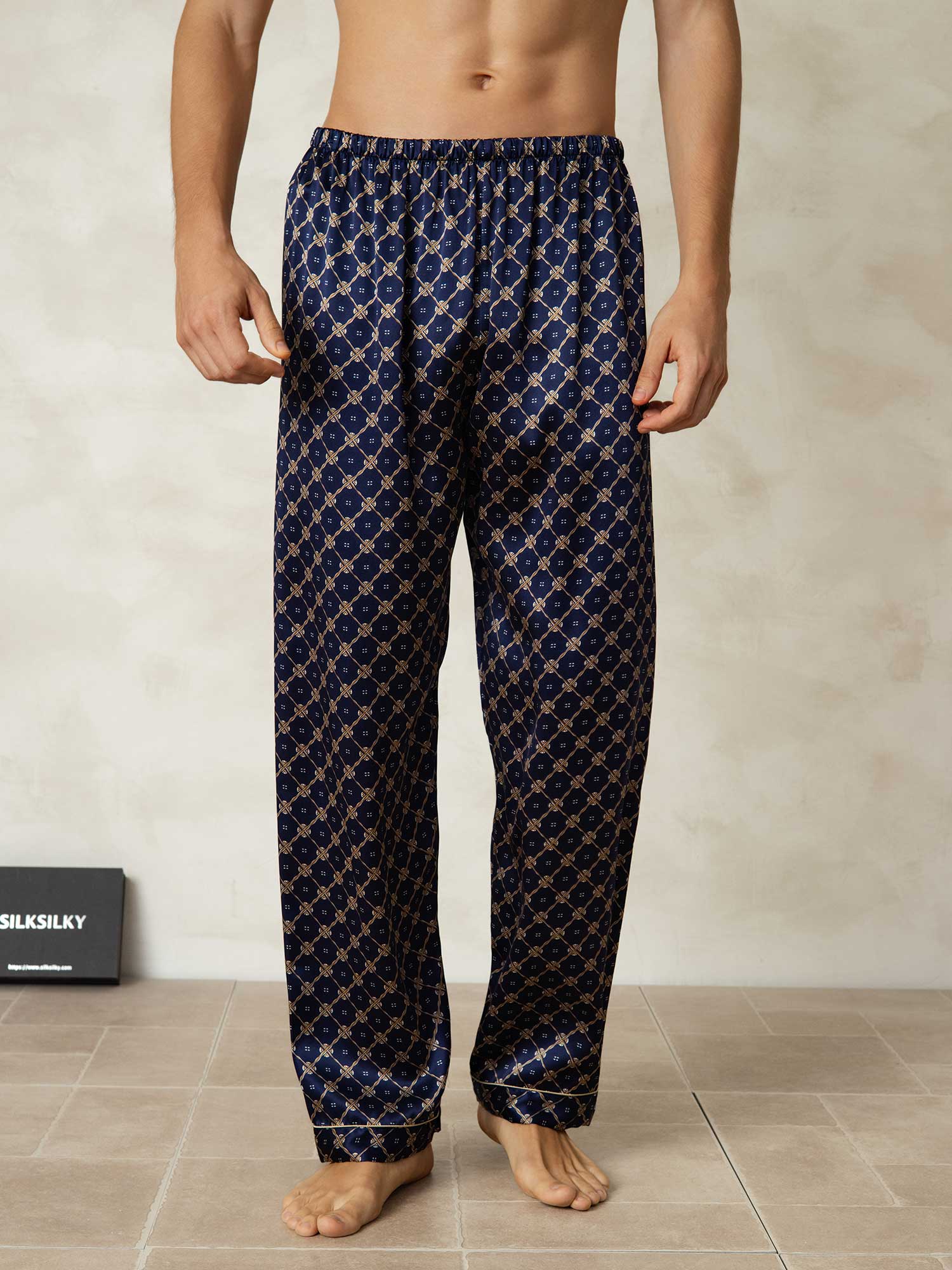 [Navy Chain] SilkSilky-AU Pure Silk Mens Sleep Bottoms 001