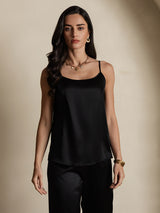 [Black] SilkSilky-AU 19Momme Stretch Silk Charmeuse Spaghetti Strap Scoop Neck Camisole 004