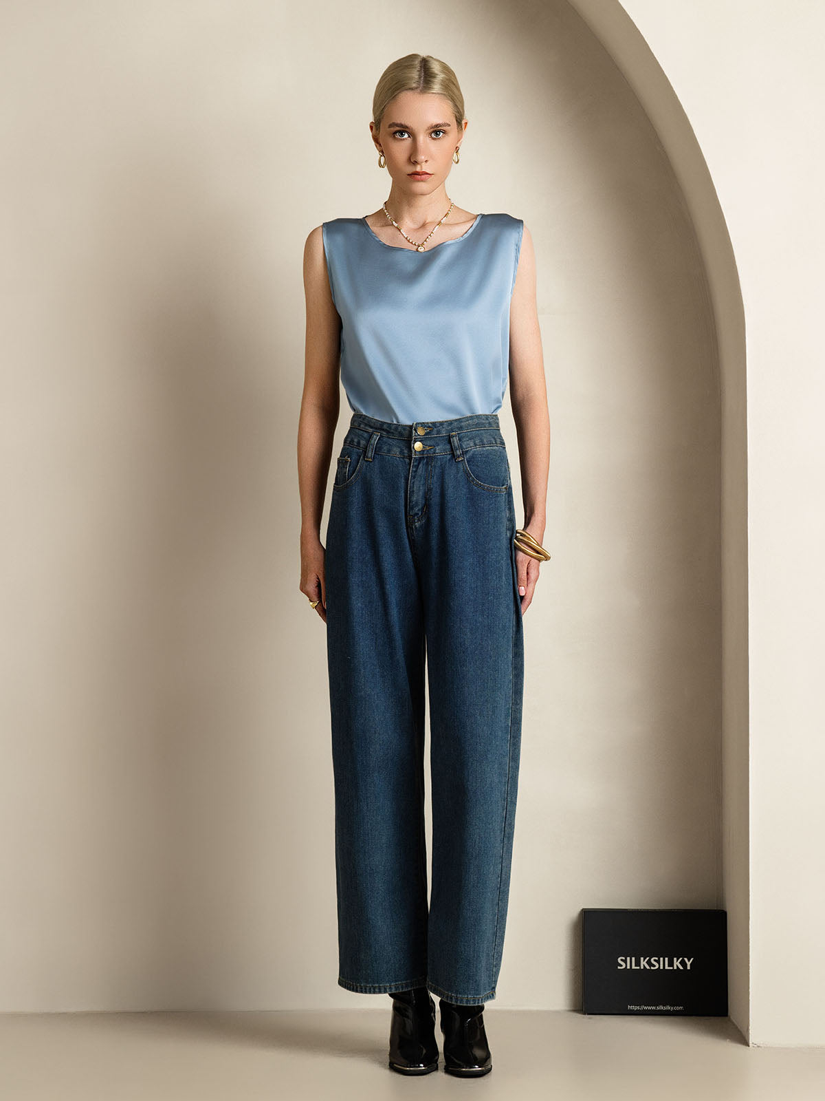 [Grayish Blue] SilkSilky-AU 19Momme Silk Round Neck Camisole 007